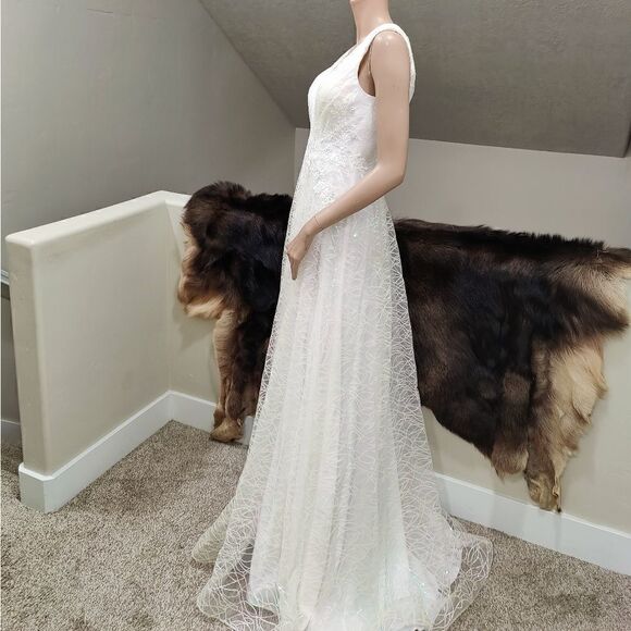 Color Shifting Sequins & Beaded Embroidered Lace Tulle Gown, White Wedding Dress - Picture 6 of 17